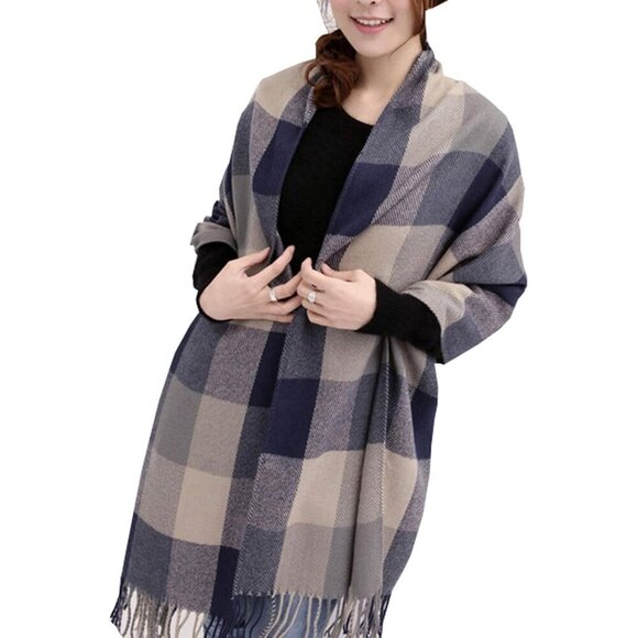 Women's Grey Fashion Long Shawl Big Grid Winter Warm Lattice Large Scarf